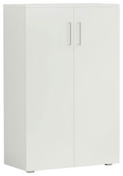 Weißer, niedriger Schuhschrank mit zwei Türen, seitliche Perspektive