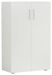 Weißer, niedriger Schuhschrank mit zwei Türen, seitliche Perspektive