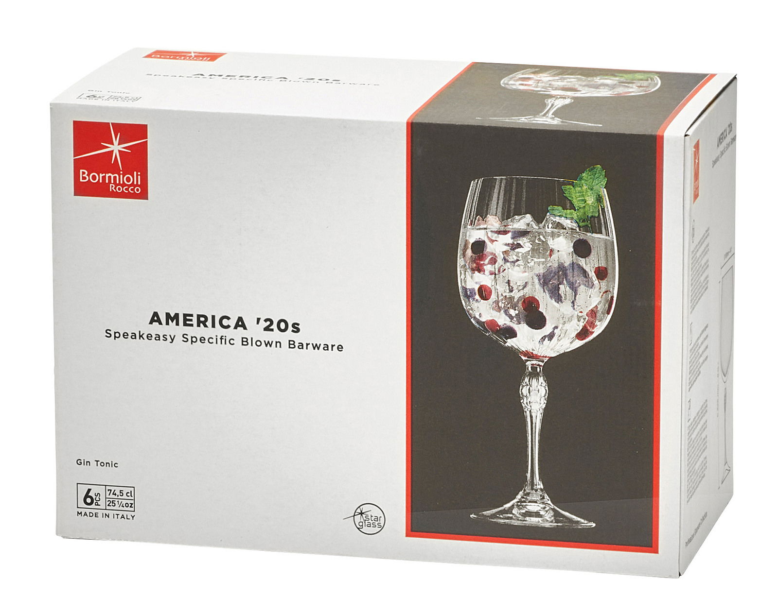 Bormioli Rocco Gin Tonic Gläser 6er-Set AMERICA Verpackung des Gin Tonic Glas America 6er-Sets von Bormioli Rocco, Vorderansicht mit Abbildung eines gefüllten Glases.