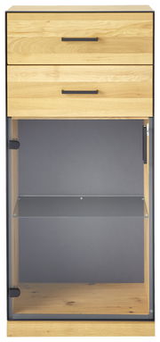 Vitrinenschrank aus Holz mit zwei Schubladen und Glastür, frontal betrachtet.