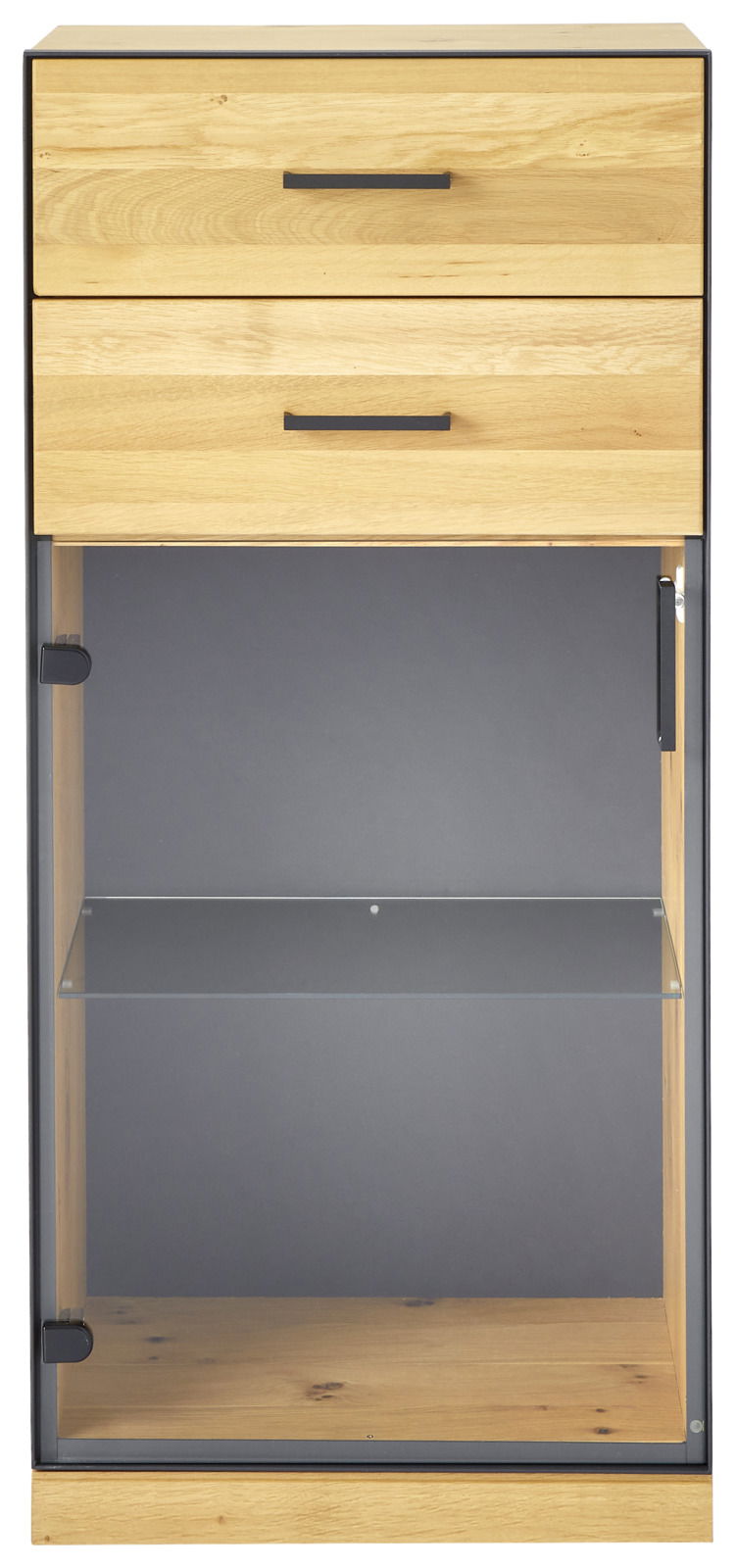 Vitrinenschrank aus Holz mit zwei Schubladen und Glastür, frontal betrachtet.