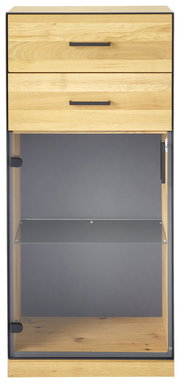 Vitrinenschrank aus Holz mit zwei Schubladen und Glastür, frontal betrachtet.