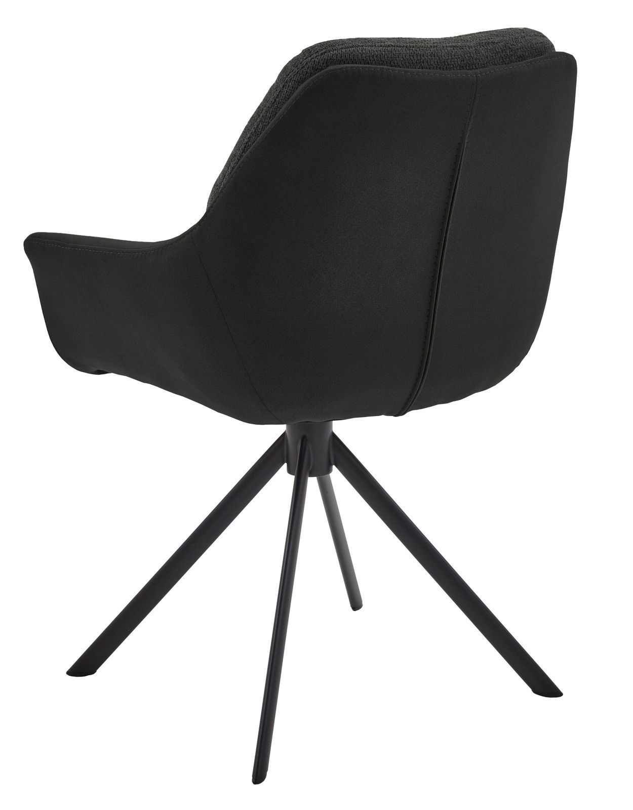 Rückansicht eines schwarzen Armlehnstuhls mit vier Metallbeinen.