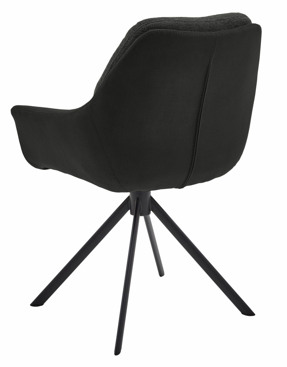 Rückansicht eines schwarzen Armlehnstuhls mit vier Metallbeinen.