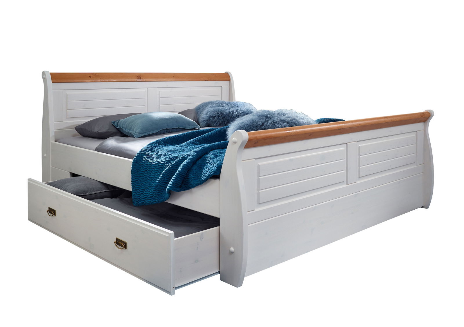 Weißes Holzbett mit Schublade, blauer Decke und Kissen, seitliche Perspektive