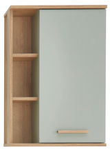 Moderner Wandschrank mit einer Tür in hellem Holz und grünem Finish, seitliche Regale sichtbar, Frontalansicht