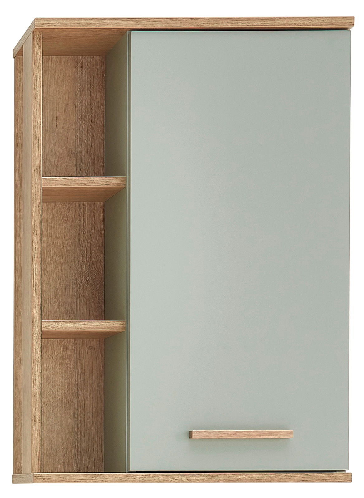 XORA Wandschrank SALVIE Moderner Wandschrank mit einer Tür in hellem Holz und grünem Finish, seitliche Regale sichtbar, Frontalansicht