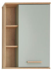 Moderner Wandschrank mit einer Tür in hellem Holz und grünem Finish, seitliche Regale sichtbar, Frontalansicht