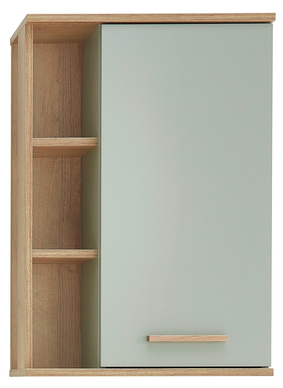 Moderner Wandschrank mit einer Tür in hellem Holz und grünem Finish, seitliche Regale sichtbar, Frontalansicht