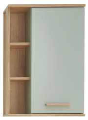 Moderne wandkast met één deur van licht hout en een groene afwerking, zichtbare planken aan de zijkanten, vooraanzicht