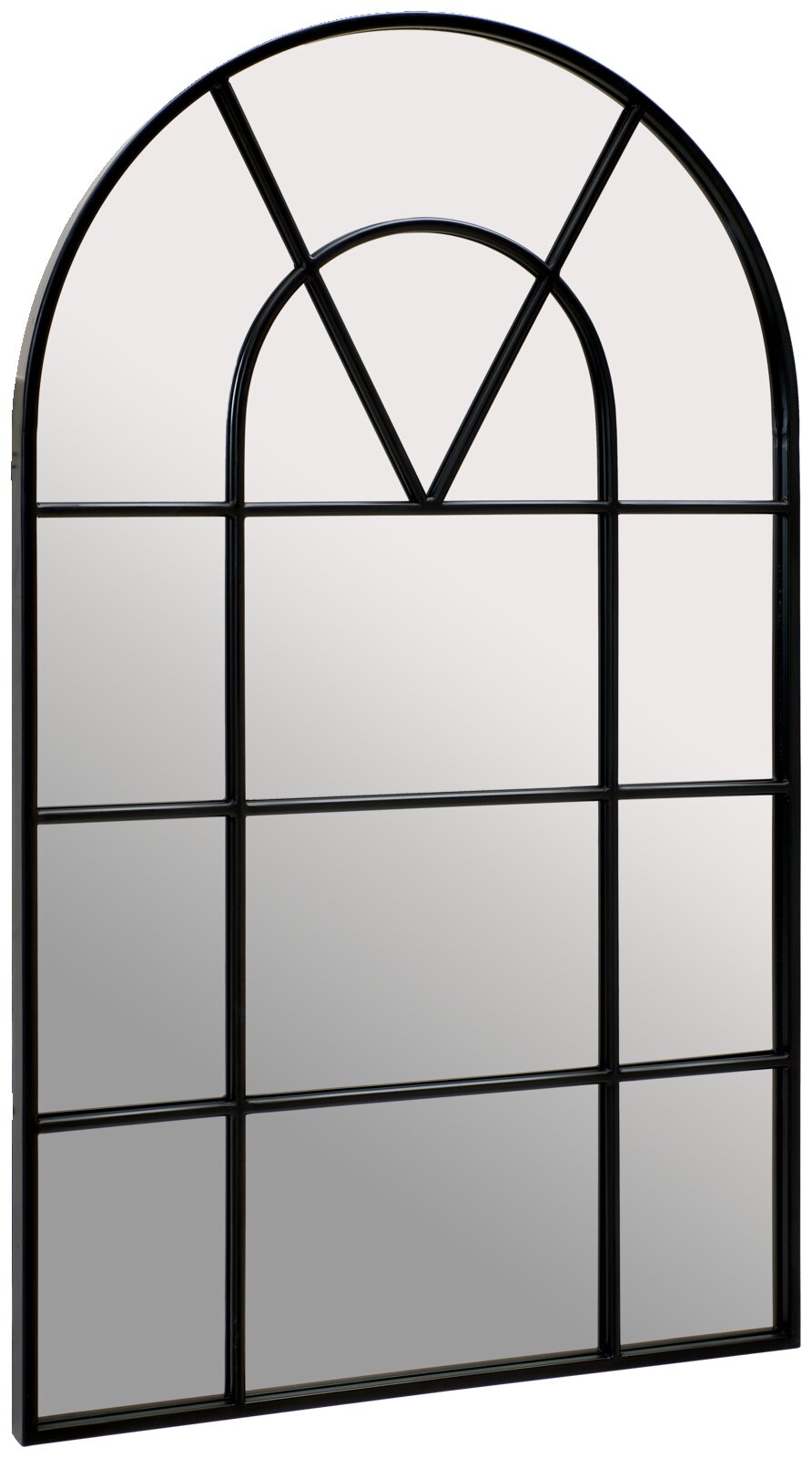 Grote, rechthoekige spiegel met een zwart metalen frame en een decoratief boogpatroon, hier van voren afgebeeld.