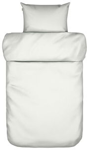 Bettwäsche-Set in Weiß, bestehend aus einem Kissenbezug und einem Bettdeckenbezug, aus der Vogelperspektive fotografiert.