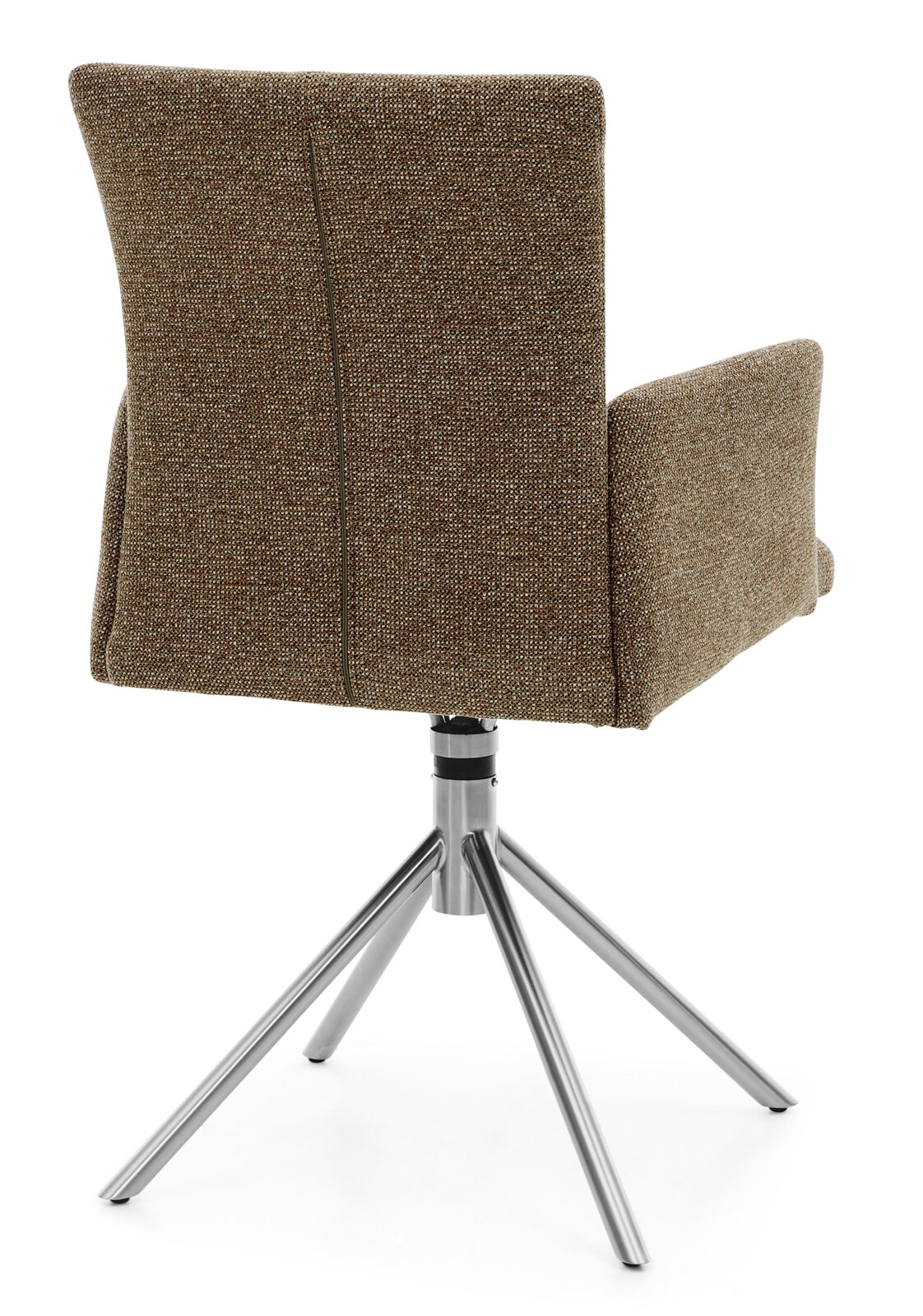 Rückansicht eines modernen Stuhls mit braunem Stoffbezug und einem stabilen Metallgestell mit vier Beinen.