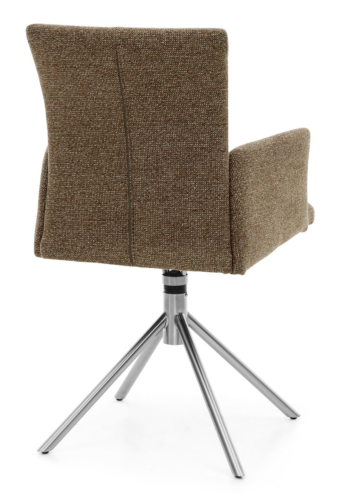Rückansicht eines modernen Stuhls mit braunem Stoffbezug und einem stabilen Metallgestell mit vier Beinen.