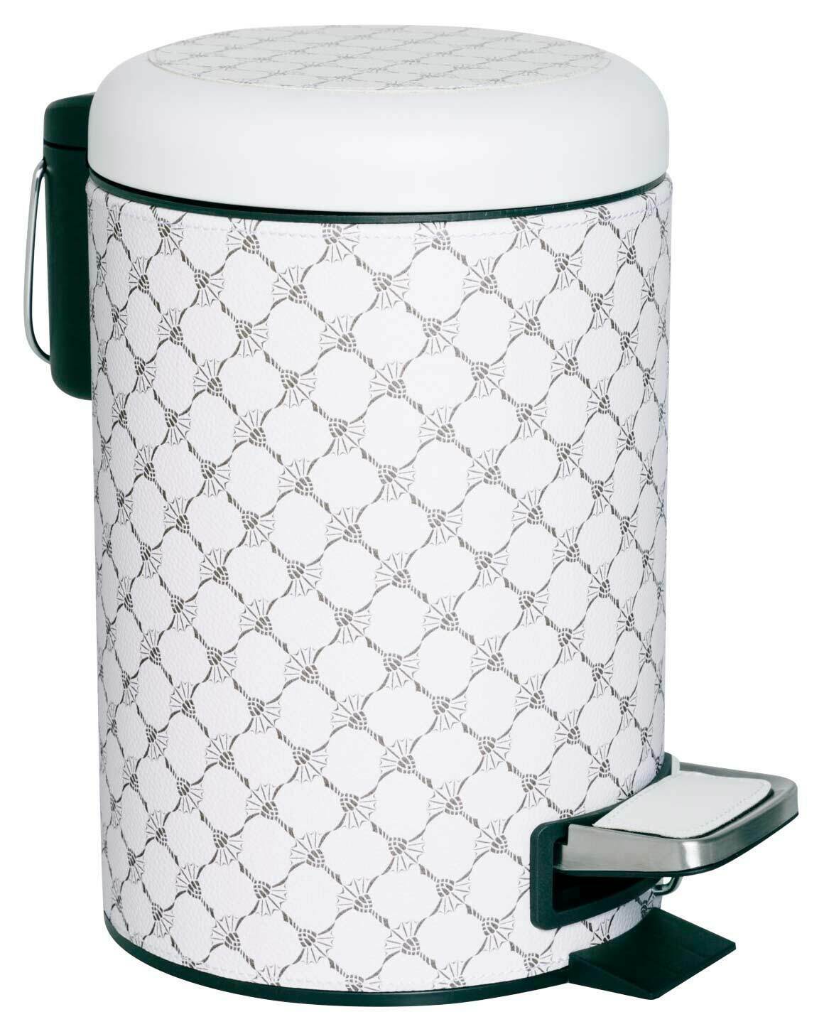 Pedaleimer in Weiß und Grau mit dekorativem Muster, seitliche Perspektive