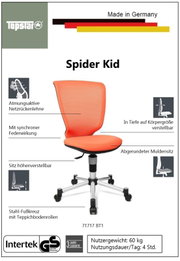 Oranje draaistoel Spider Kid met ademende rugleuning van gaas, in hoogte verstelbare zitting en stalen voetkruis, zijaanzicht.