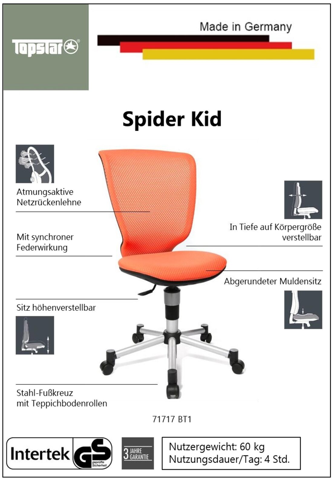 Oranje draaistoel Spider Kid met ademende rugleuning van gaas, in hoogte verstelbare zitting en stalen voetkruis, zijaanzicht.