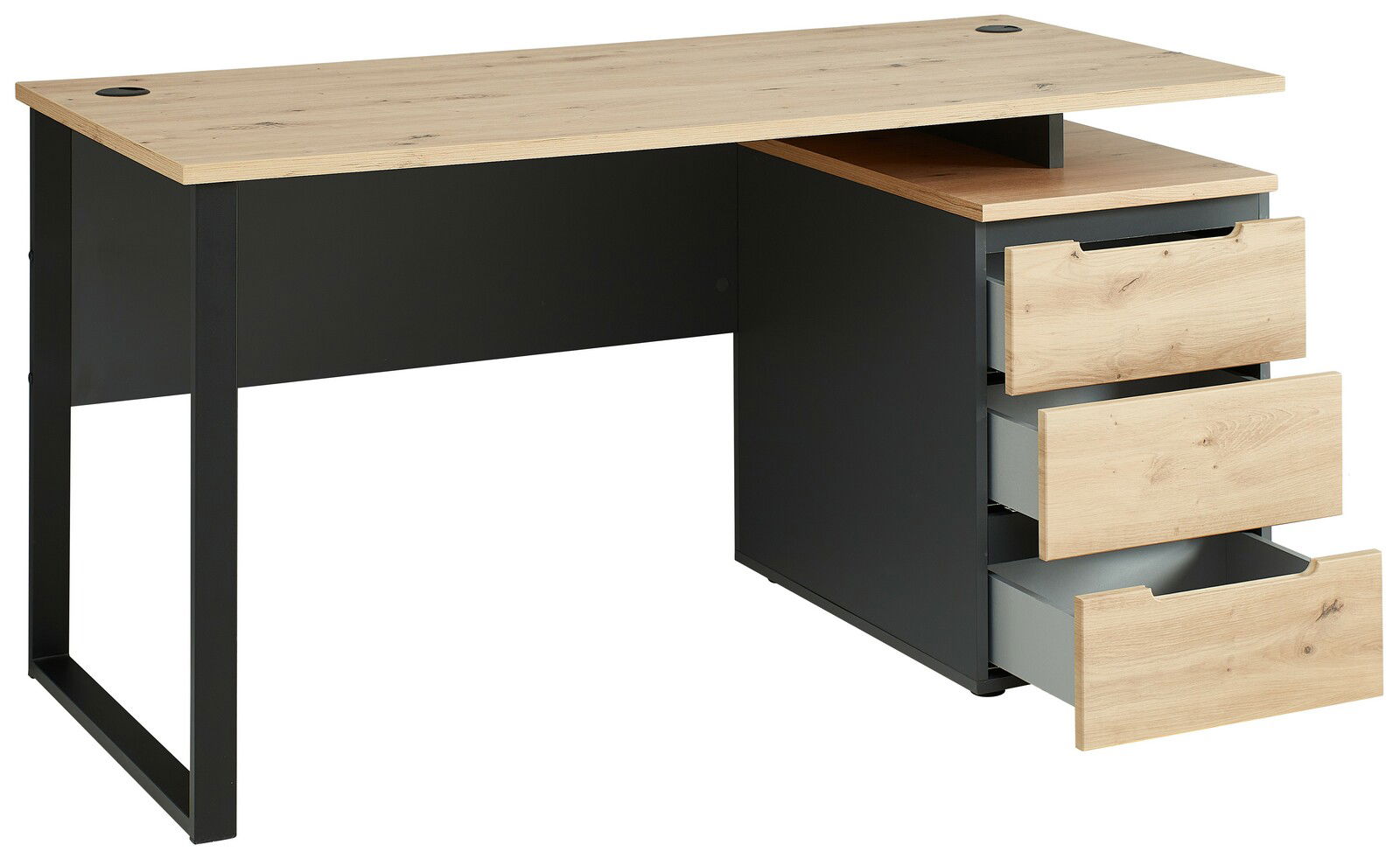 Moderner Schreibtisch mit Holzplatte und schwarzen Metallbeinen, drei offene Schubladen auf der rechten Seite, seitliche Perspektive.