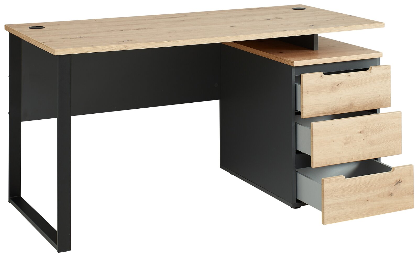 Moderner Schreibtisch mit Holzplatte und schwarzen Metallbeinen, drei offene Schubladen auf der rechten Seite, seitliche Perspektive.