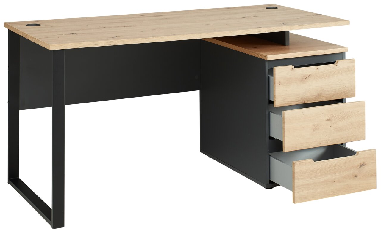 Moderner Schreibtisch mit Holzplatte und schwarzen Metallbeinen, drei offene Schubladen auf der rechten Seite, seitliche Perspektive.