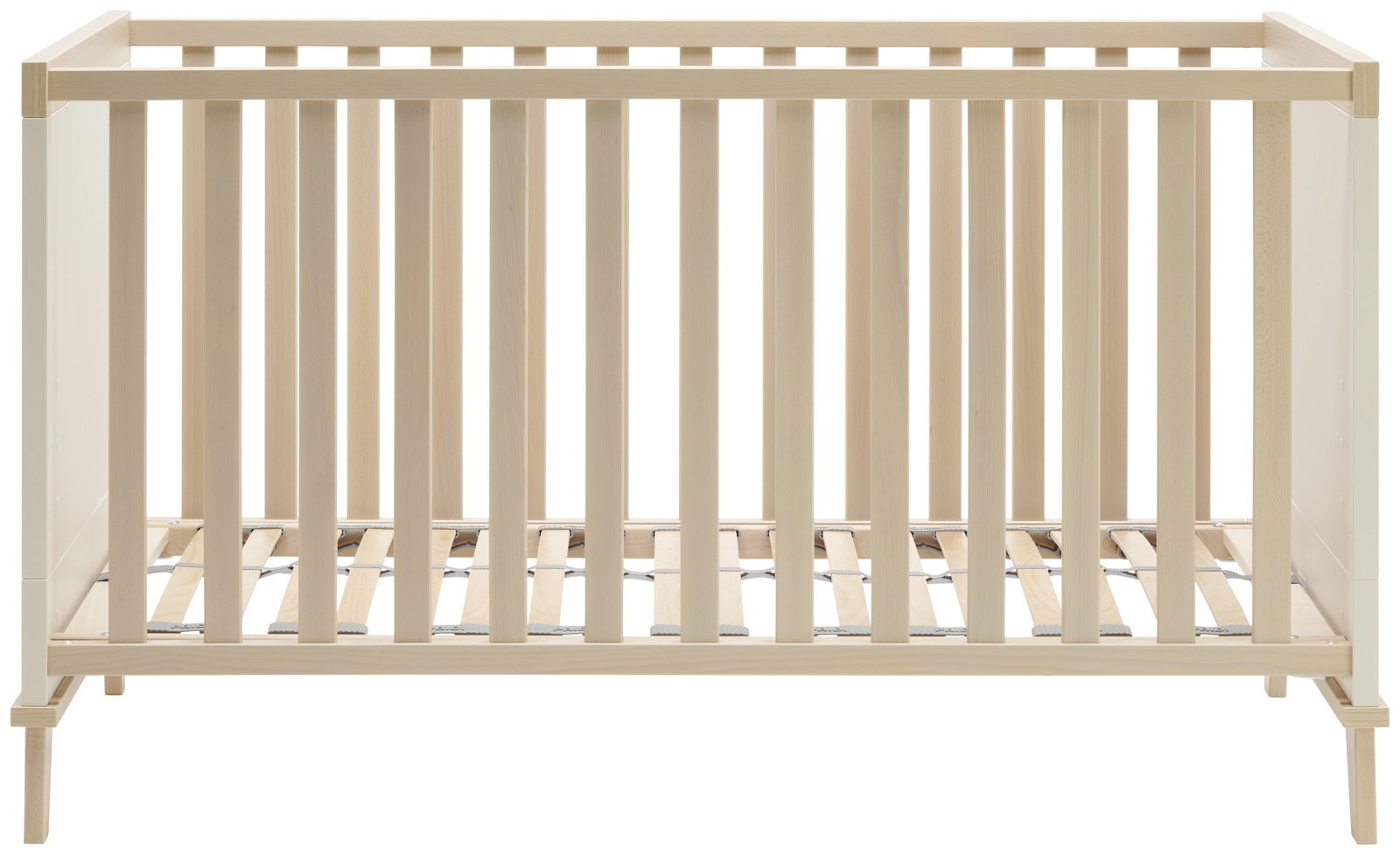 Holz-Babybett in heller Farbe, Vorderansicht
