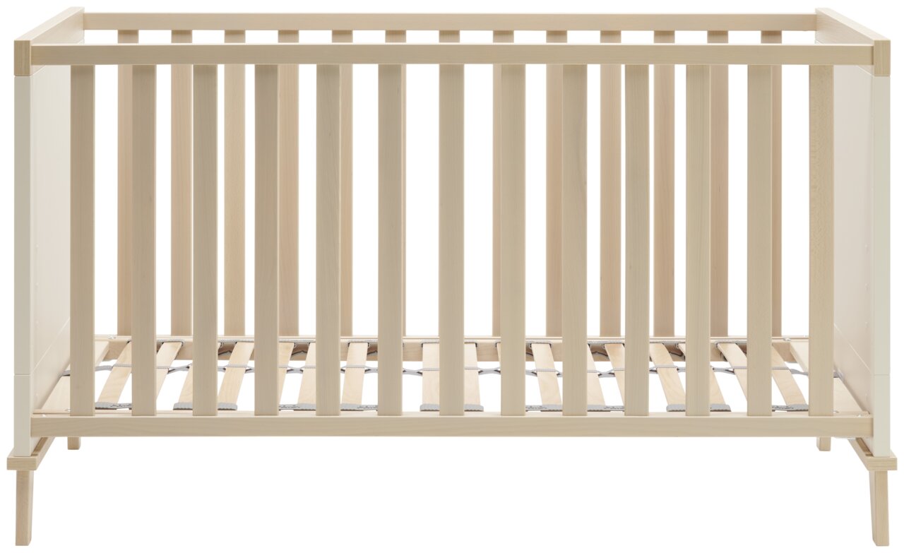Holz-Babybett in heller Farbe, Vorderansicht