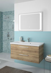 Moderner Badblock mit Holzoptik und zwei Schubladen, darüber ein beleuchteter Spiegel, seitliche Perspektive