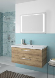 Moderner Badblock mit Holzoptik und zwei Schubladen, darüber ein beleuchteter Spiegel, seitliche Perspektive