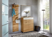 Moderner Eingangsbereich mit Holz-Garderobenpaneel, Spiegel und Kommode, seitliche Perspektive