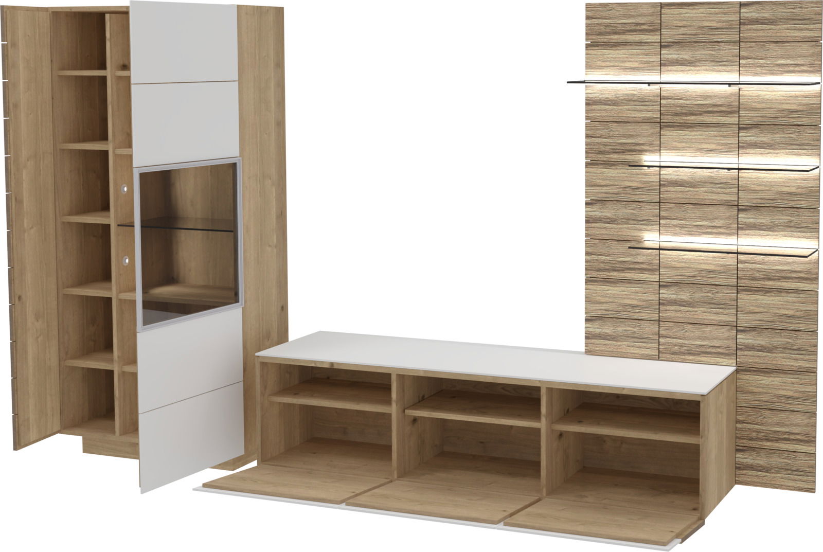 Voglauer Wandkombination VMONTANARA Moderne Wandkombination aus Holz mit offenen Regalen und Schranktüren, seitliche Perspektive