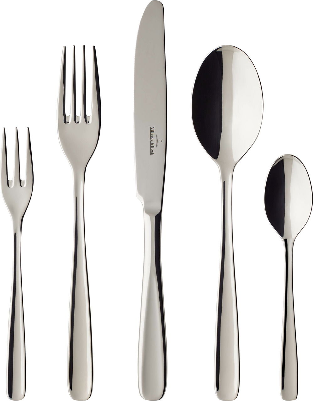 Fünfteiliges Besteckset aus Edelstahl, bestehend aus Gabel, Messer, Löffel, Dessertgabel und Teelöffel, in Vorderansicht.