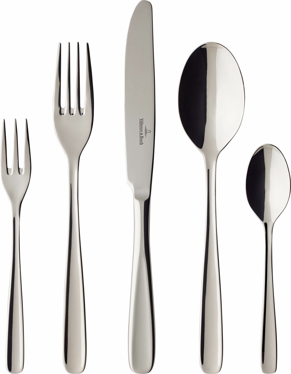 Fünfteiliges Besteckset aus Edelstahl, bestehend aus Gabel, Messer, Löffel, Dessertgabel und Teelöffel, in Vorderansicht.