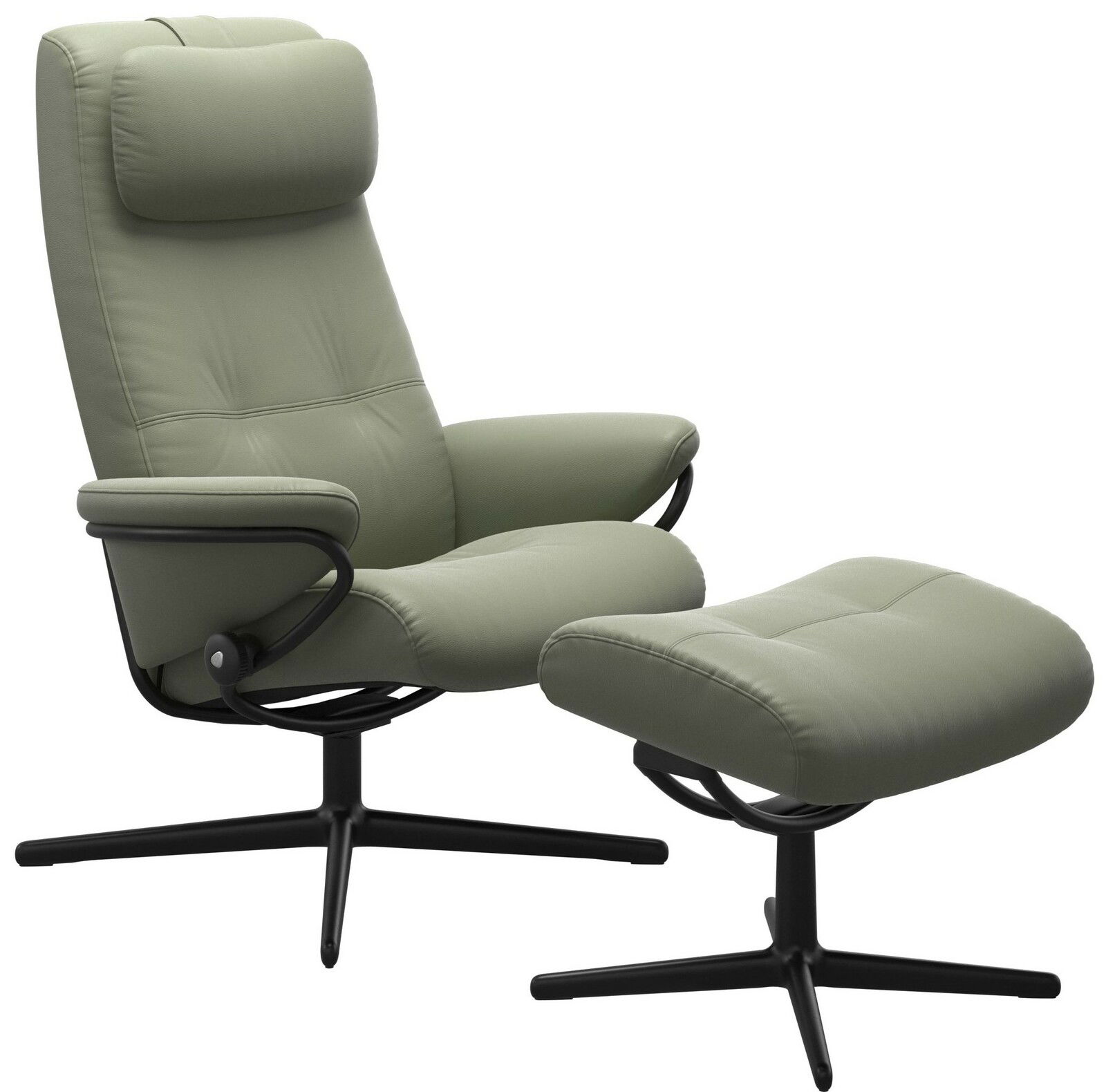 Moderner grüner Einzelsessel mit passendem Hocker, seitliche Perspektive