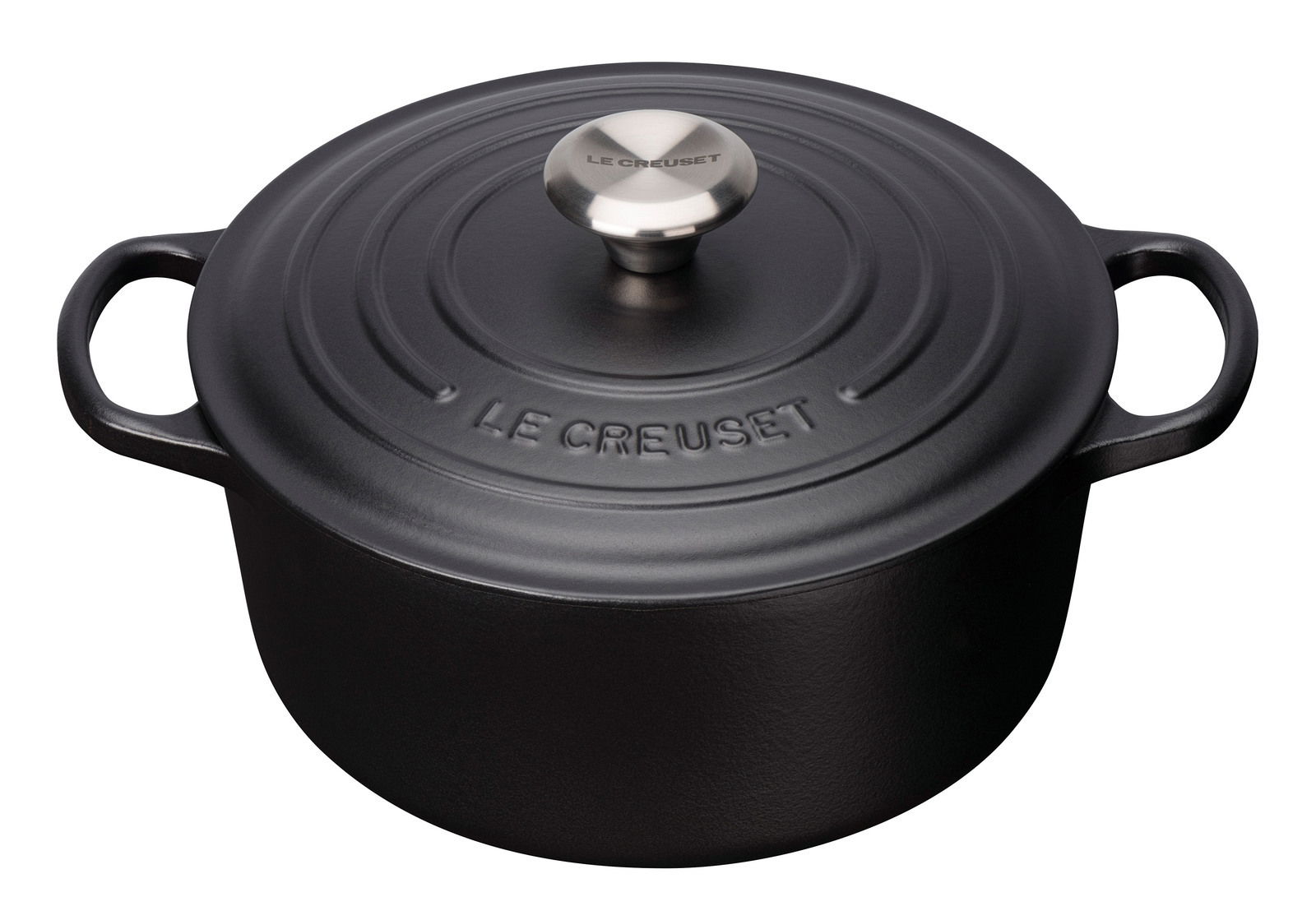 Schwarzer runder Bräter 28cm von Le Creuset, seitliche Perspektive
