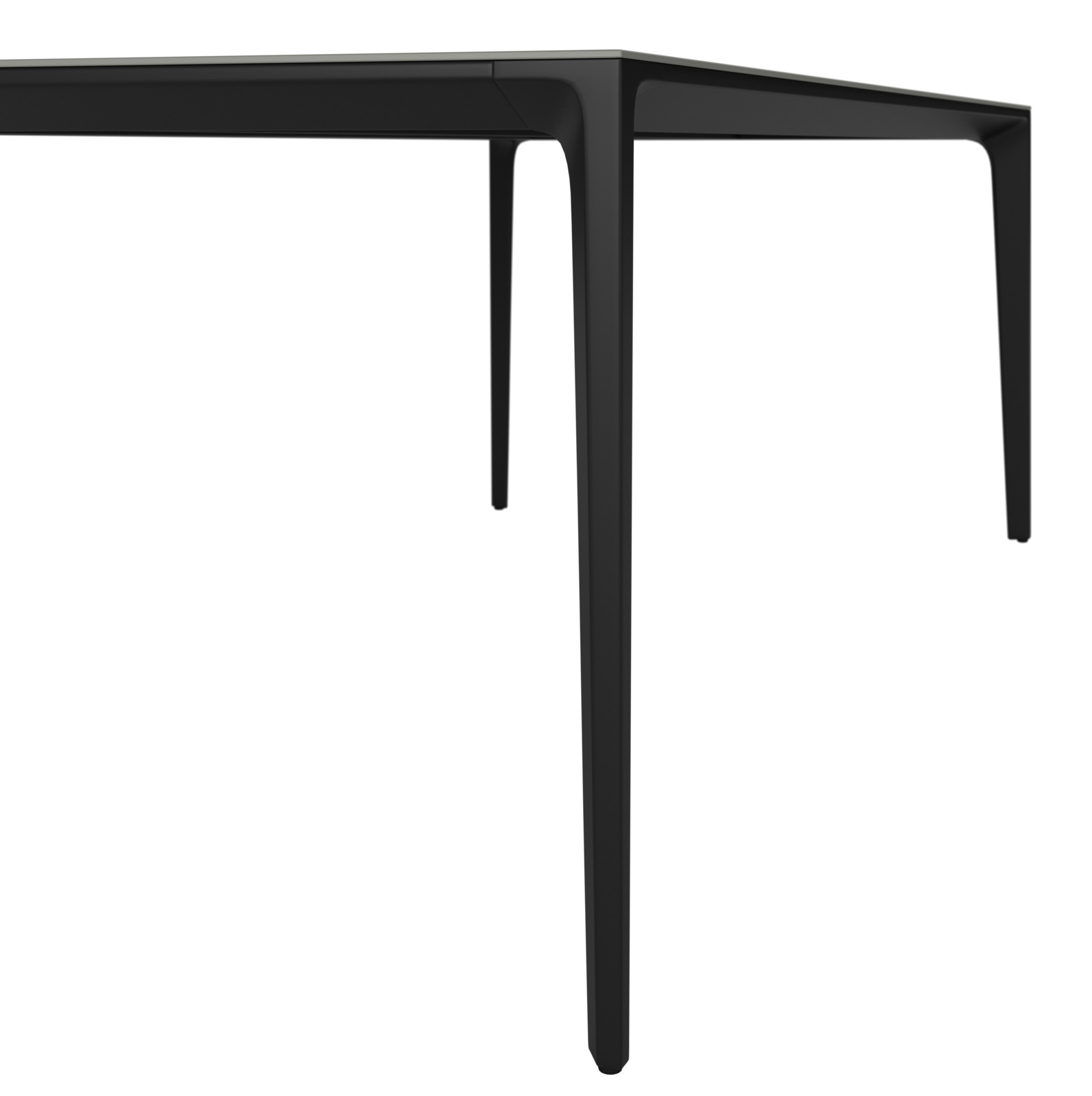 Moderner schwarzer Gartentisch aus Metall, seitliche Perspektive