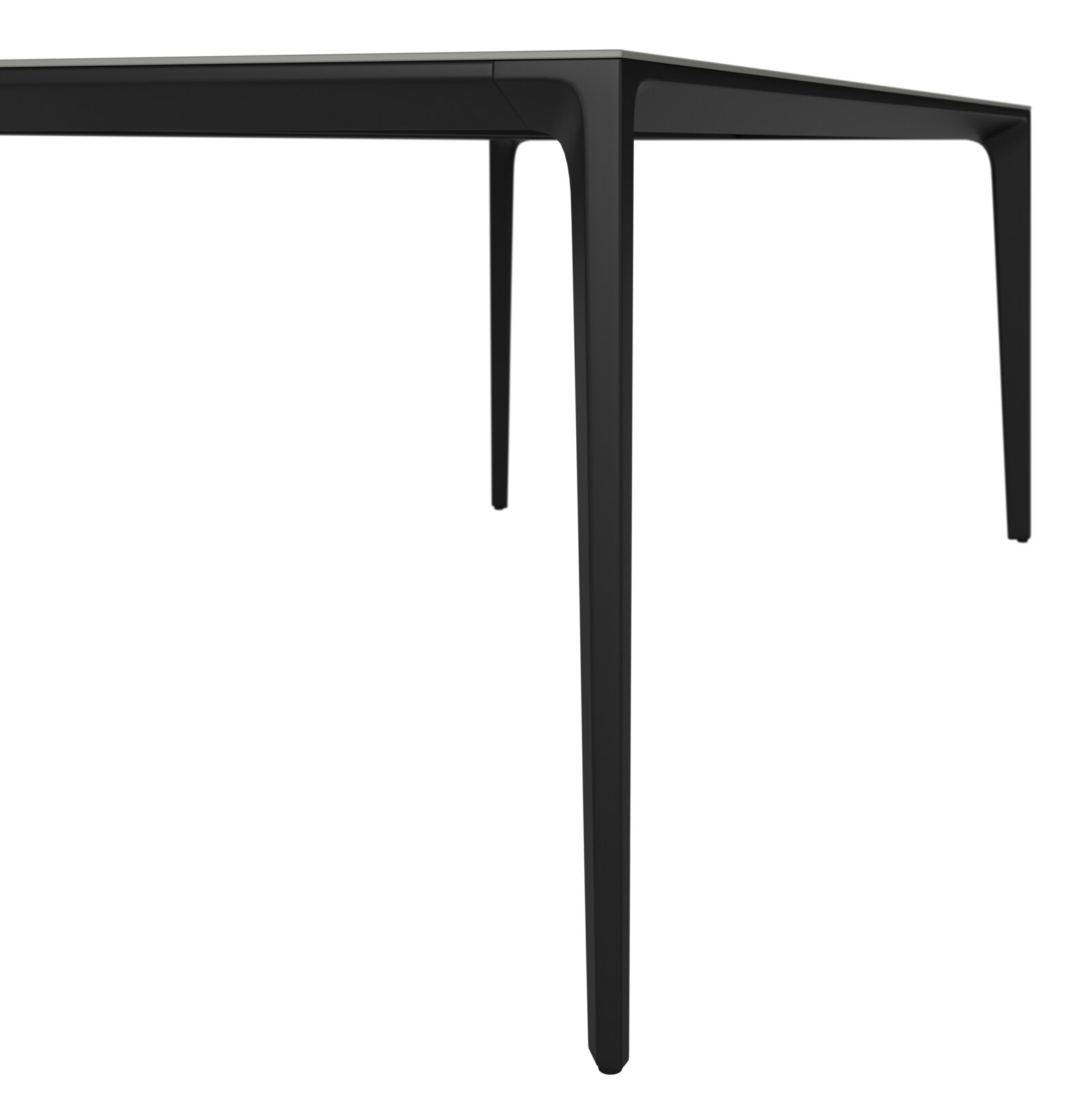 Moderne zwarte tuintafel van metaal, zijaanzicht