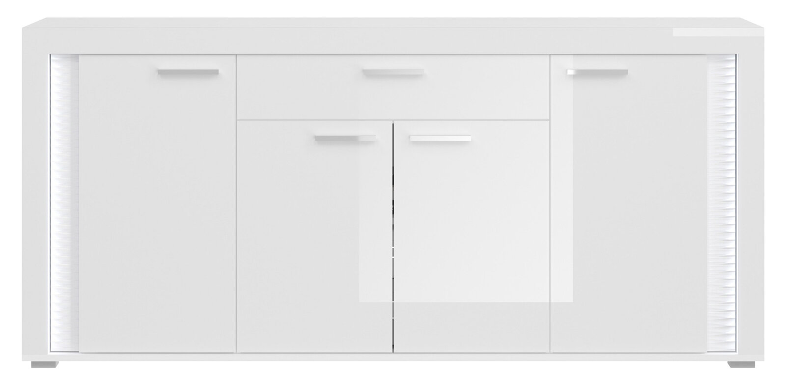 Weißes Sideboard mit drei Türen und zwei Schubladen, frontal betrachtet.