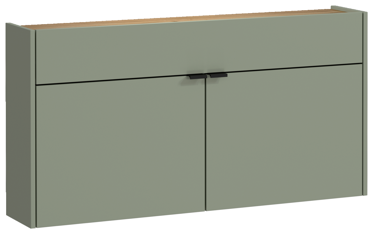 Moderner, breiter Hängeschuhschrank in grünlicher Farbe mit zwei Türen und schwarzem Griff, seitliche Perspektive.