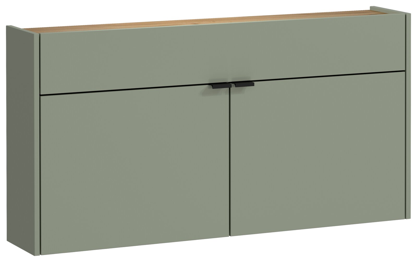 Moderner, breiter Hängeschuhschrank in grünlicher Farbe mit zwei Türen und schwarzem Griff, seitliche Perspektive.