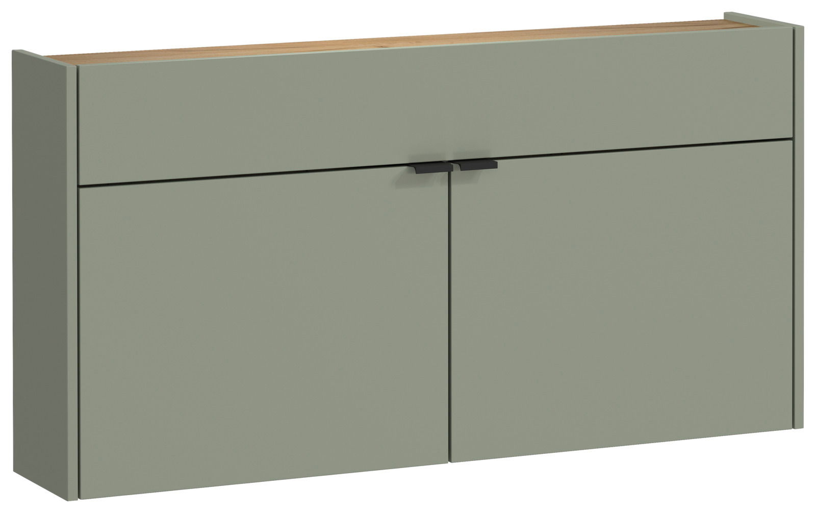 Moderner, breiter Hängeschuhschrank in grünlicher Farbe mit zwei Türen und schwarzem Griff, seitliche Perspektive.