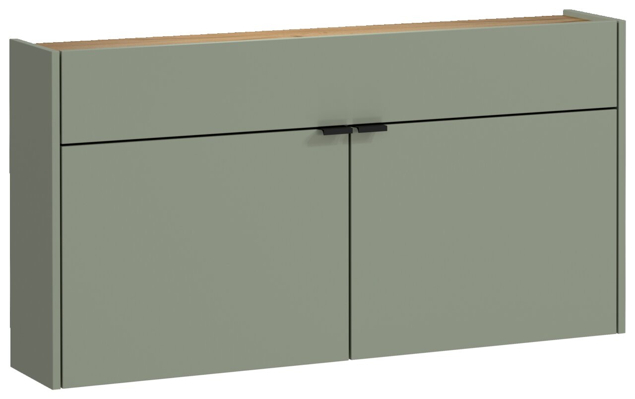 Moderner, breiter Hängeschuhschrank in grünlicher Farbe mit zwei Türen und schwarzem Griff, seitliche Perspektive.