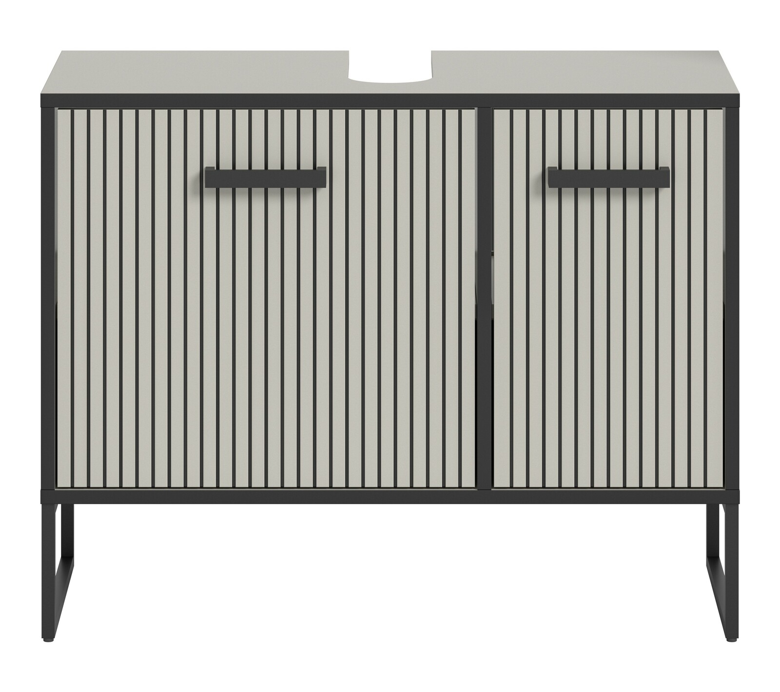 Moderner Waschbeckenunterschrank mit vertikalen Streifen und zwei Türen, Frontalansicht