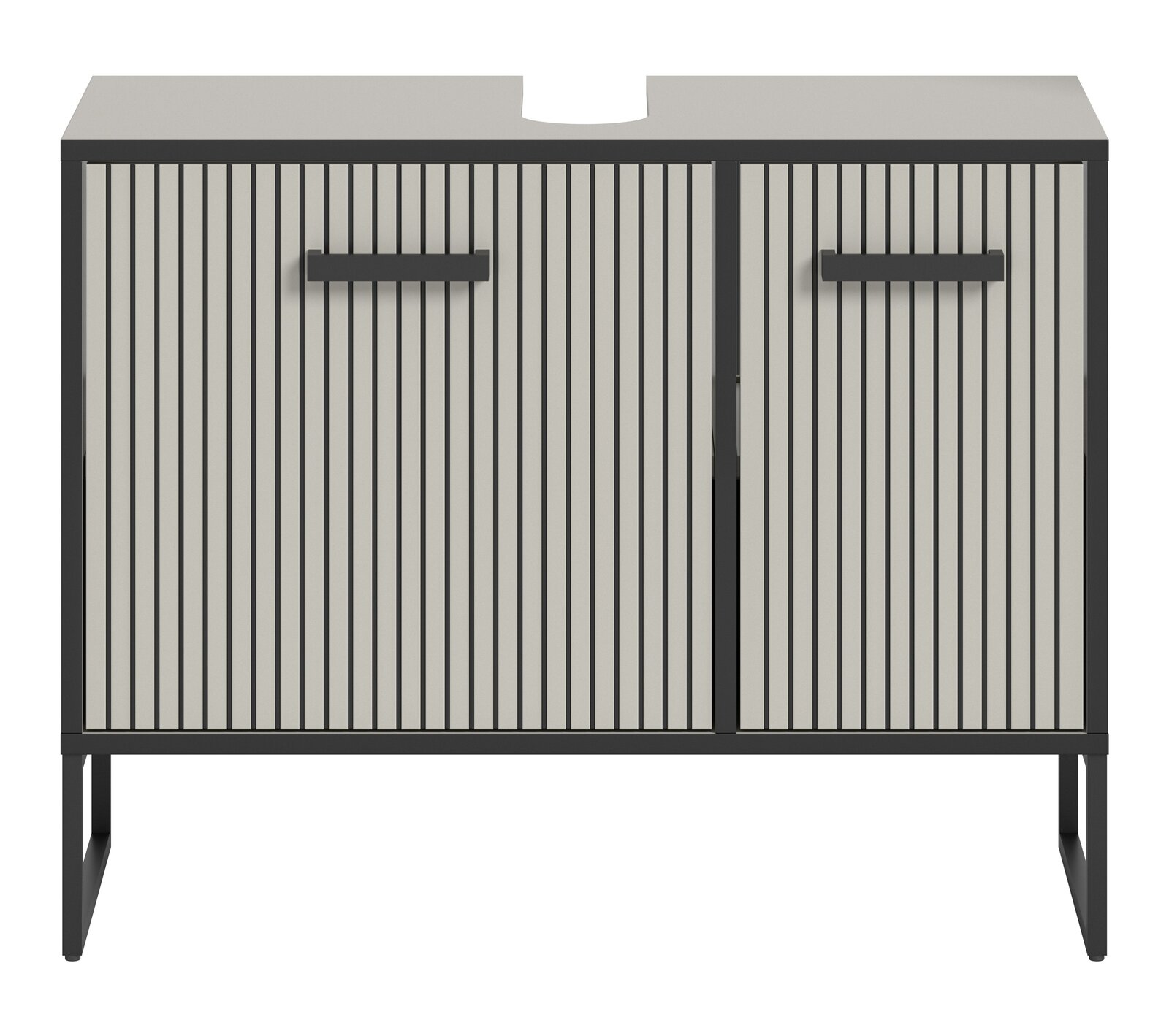 Moderner Waschbeckenunterschrank mit vertikalen Streifen und zwei Türen, Frontalansicht