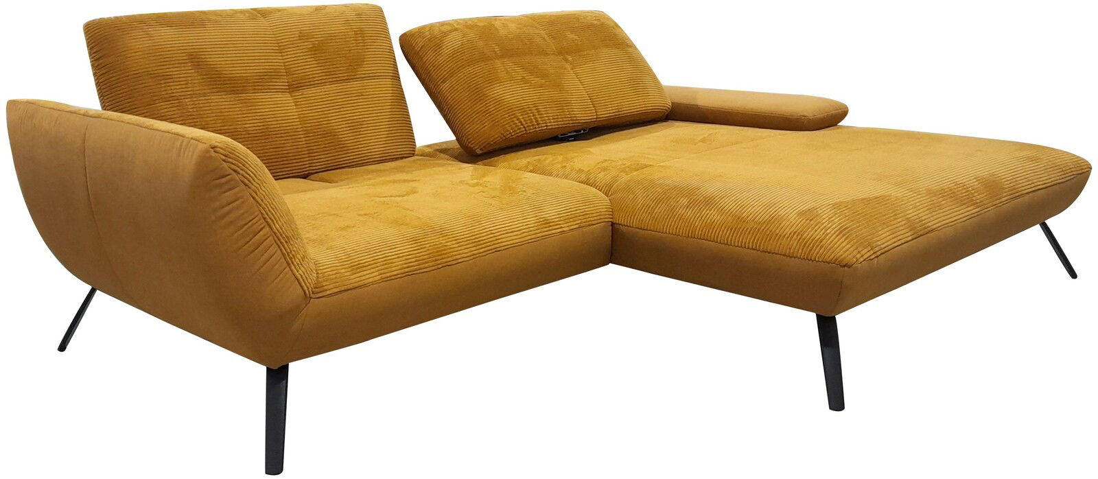 Rundecke in senfgelbem Cordstoff mit verstellbaren Rückenlehnen, seitlicher Perspektive