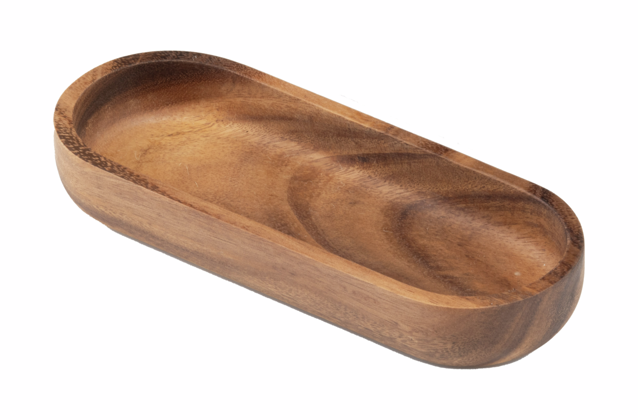 Holz-Baguette-Schale in ovaler Form, seitliche Perspektive