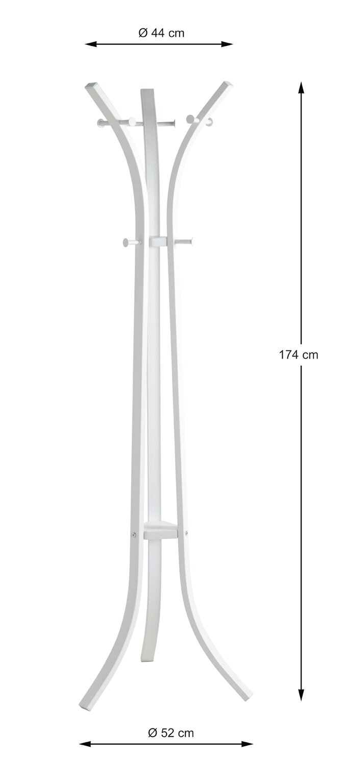 Weißer Standgarderobenständer aus Holz mit geschwungenen Streben und mehreren Haken, Maße: Höhe 174 cm, oben Ø 44 cm, unten Ø 52 cm, frontale Ansicht auf weißem Hintergrund.