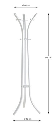 Weißer Standgarderobenständer aus Holz mit geschwungenen Streben und mehreren Haken, Maße: Höhe 174 cm, oben Ø 44 cm, unten Ø 52 cm, frontale Ansicht auf weißem Hintergrund.