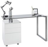 Moderner Schreibtisch mit Glasplatte und integriertem weißen Schubladenschrank, seitliche Perspektive