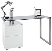 Moderner Schreibtisch mit Glasplatte und integriertem weißen Schubladenschrank, seitliche Perspektive