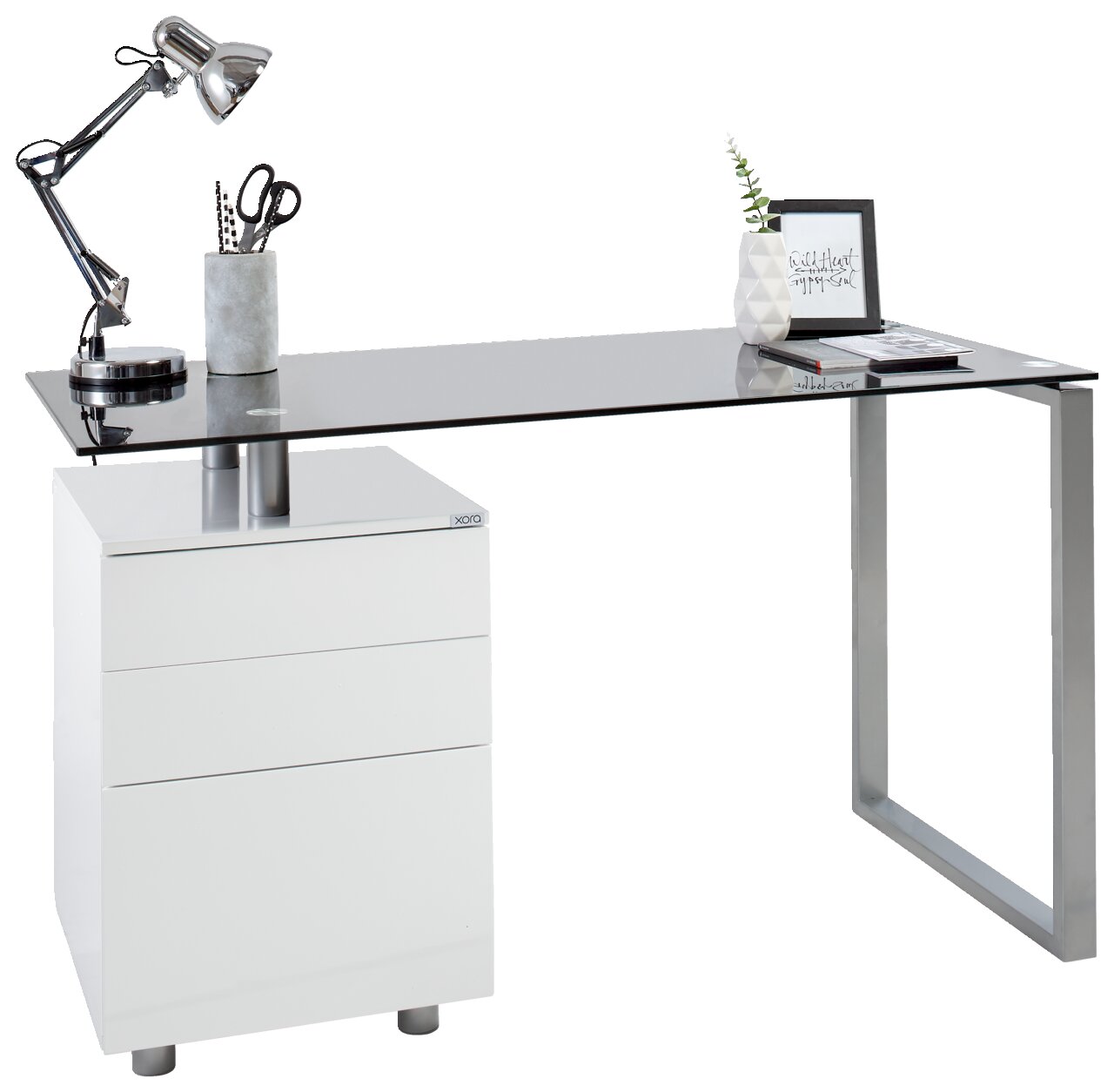 Moderner Schreibtisch mit Glasplatte und integriertem weißen Schubladenschrank, seitliche Perspektive